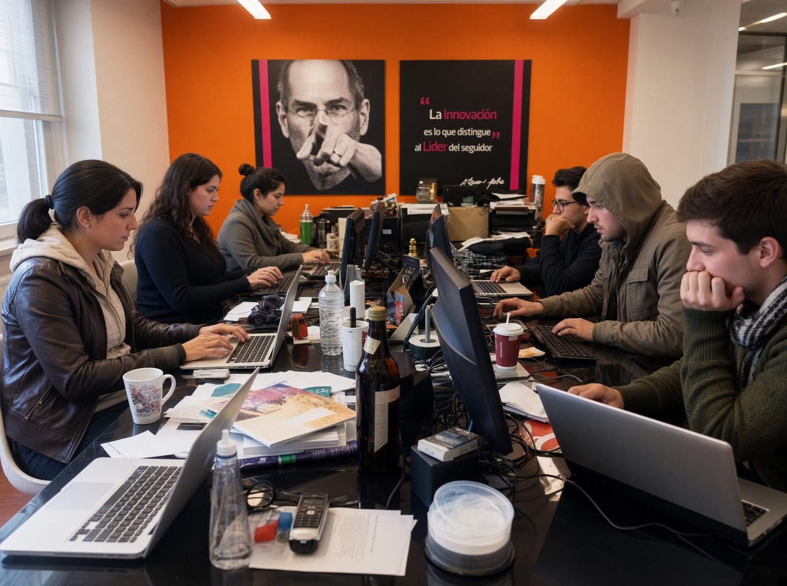 Sala de trabajo de Oniric con un mural de Steve Jobs