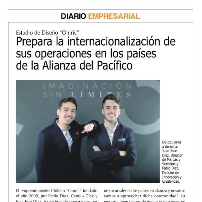 Recorte de Diario Empresarial sobre la internacionalización de Oniric a la Alianza del Pacífico