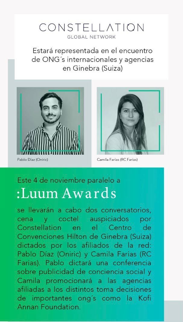 Anuncio de Constellation Global Network para LUUM Awards en Ginebra