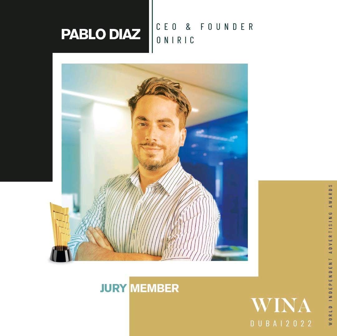 Placa oficial de Pablo Díaz como jurado WINA Dubai 2022, CEO y founder de Oniric