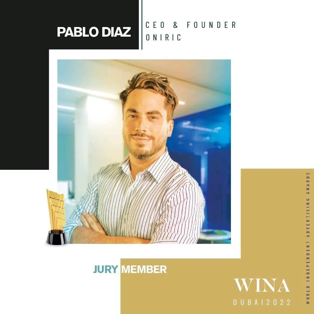 Placa oficial de Pablo Díaz como jurado WINA Dubai 2022, CEO y founder de Oniric