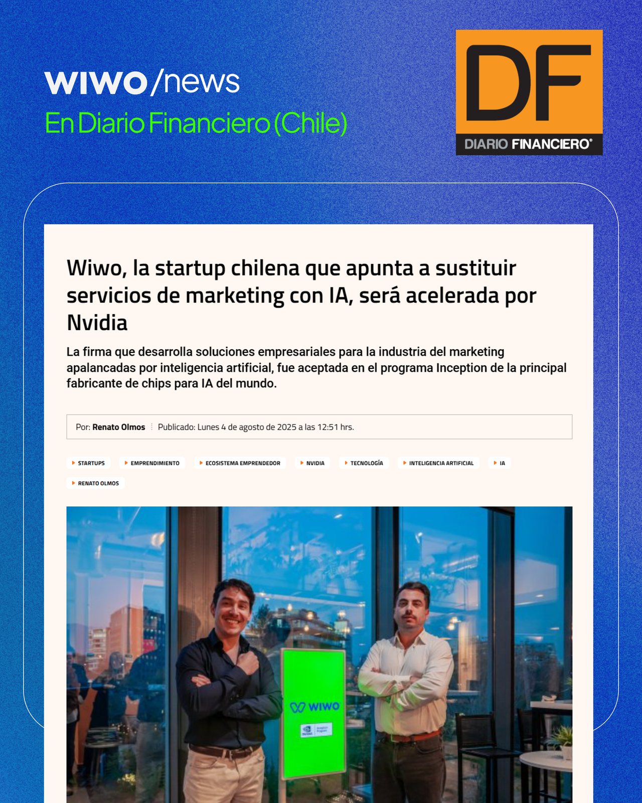 Nota de Diario Financiero sobre la aceptación de Wiwo en NVIDIA Inception