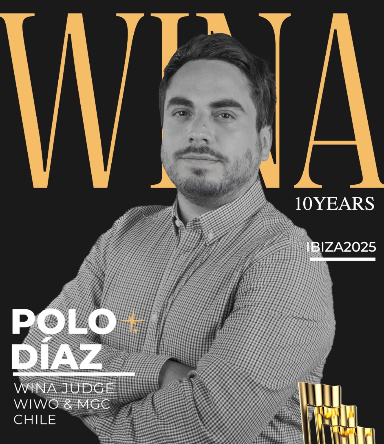Placa oficial de Polo Díaz como jurado WINA Ibiza 2025 por Wiwo y MGC